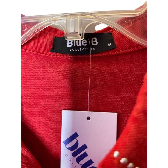 Blue B Collection Women’s Red Studded Frayed Hem Crop Denim Jacket Size M - Picture 3 of 4
